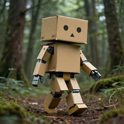A cyberpunk robot made of a cardboard box, crayon face, walking through the forest, dof, cinematic lighting, hyperrealistic, extremely detailed