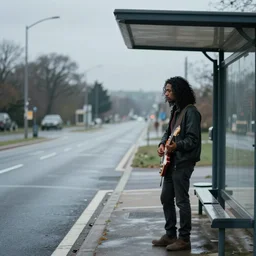 distant panoramic photo of a lonely black man with long curly hair, holding a electric guitar, waiting at the bus stop on moody weather, rinat voligamsi