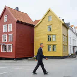 Obama walking past the colorful wooden houses in Trondheim, Norway