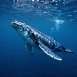 a huge whale with flourescent skin is swimming in underwater ocean, epic, cinematic shot, volumetric light, atmosphere, high definition