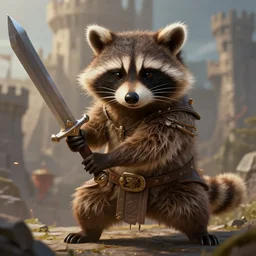closeup 2 8 mm anthropomorphic barbarian raccoon with a sword in a castle, d & d, fantasy, intricate, action pose, particle effects, highly detailed, digital painting, artstation, concept art, matte, sharp focus, volumetric lighting, illustration, hearthstone, art by artgerm, wlop, greg rutkowski and alphonse mucha