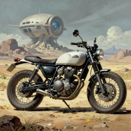 retro scrambler motorbike motorcycle futuristic sci - fi painting by moebius, comic art, the incal