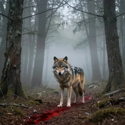 realistic scene of a wolf lost in a forest, fog, blood trails, delicate, hyper realism, 1 4 5 0, ink, ultra realistic, mystic, 8 k