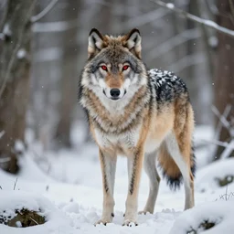 alpha wolf with red eyes in a snowy forest, by dave rapoza, by vincenzo riccardi