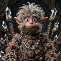 hyper realistic portrait of cyborg hairy fluffy muppet show elf goblin monster glass beads clay amulets cinematic symmetric dark _ crystal, brian froud, alan lee, jean baptiste monge, scott radke