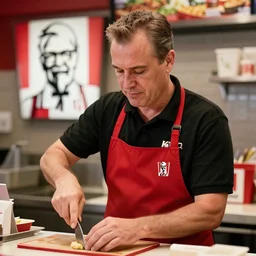 an extremely detailed photo of Gus Fring working as a KFC waiter, 8k, DSLR camera photo