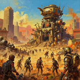 highly detailed painting of postapo steampunk humankind last shelter/vibrant/crowded city in the middle of wasteland in Mad Max style by Daniel Dociu and Greg Rutkowski trending on Artstation, 4K, high quality