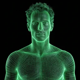 of piero angela with a green wireframe on black in the background