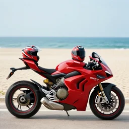 a beautiful realistic photo of a red ducati motorbike with an helmet on the saddle, a beautiful beach in the background, dream, postcard, peace