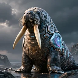 gigantic walrus with glowing cybernetic armor, digital art, realistic, artstation, detailed