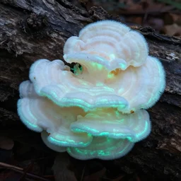 bioluminescent white furry fungus growing on a dead tree, photorealistic, fungal, magic,