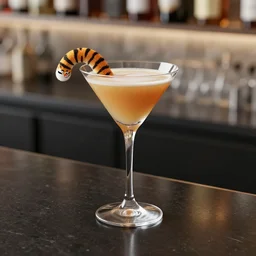 an immaculate 3 d rendering of a traditional tiger tail cocktail in a martini glass. black shiny glass countertop. modernist cuisine.