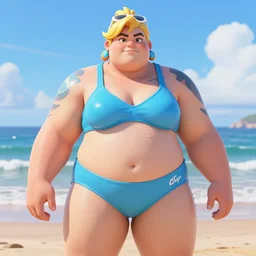 thick zarya from overwatch wearing a her promotional summer skin, robust body, centered, reflections, by ayami kojima, greg staples, pino daeni, highly detailed, hd, sharp focus, beach