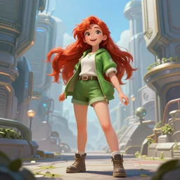beautiful cute red haired joyful and playful nineteen year old girl standing up in casual green clothing, long hair, modern city, rpg character, sci - fi, fantasy, intricate, elegant, digital painting, artstation, concept art, smooth, 8 k frostbite 3 engine, ultra detailed, art by artgerm and greg rutkowski and magali villeneuve