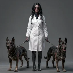 an undead woman in a doctor uniform that has 2 hellhounds on the leash. Detailed digital art by greg rutkowski, Thomas kinkade, Keith Parkinson, artstation, cgsociety, deviantart, 8k, HD