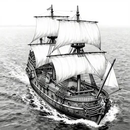 highly detailed ink illustration, high angle shot of the main deck of a pirate ship as it sails through a calm sea, b & w clean shaped hyperrealistic illustration by kim jung gi