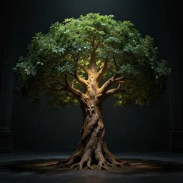 Anthropomorphic tree of life in a dark room, face illuminated, hyperrealistic, artstation, 8k, concept art, very detailed, hd, digital painting, shadows, dimly lit, dramatic lighting