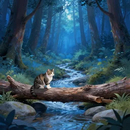 a cat on a log in a magical blue forest, heavily stylized, woodland creek, river rock