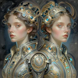 symmetry!! self portrait, tech wear, scifi, glowing lights!! intricate elegant, highly detailed, digital painting, artstation, concept art, smooth, sharp focus, illustration, art by artgerm and greg rutkowski and alphonse mucha