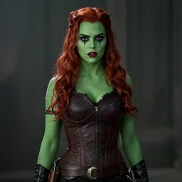 film still of Aubrey Plaza as Poison Ivy in The Dark Knight, green skin, 4k