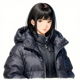 a realistic portrait of kpop idol girl copic maker by yoshiyuki sadamoto, alfons mucha wearing a dark puffy anorak futuristic and yeezy sneakers chic, zippers, belts & velcro galore, cargo pants chic'techno fashion trend by issey miyake and balenciaga streetwear utility 8 k