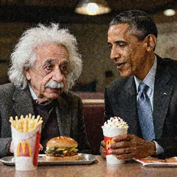 Einstein and Obama sitting at McDonalds, ultra detailed, photorealistic, dramatic lighting