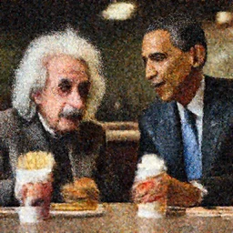 Einstein and Obama sitting at McDonalds, ultra detailed, photorealistic, dramatic lighting