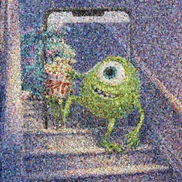 mike wazowski from monsters inc falling down the stairs with a bucket of popcorn, iphone photo