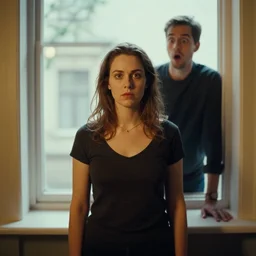 a portrait of a woman standing infront of a window, a man is standing behind her with a look of suprise in his face, 8 k, lowbrow, in the style of daniel merriam and alexander jansson,
