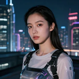 photographic portrait of a techwear woman, closeup, on the rooftop of a futuristic city at night, sigma 8 5 mm f / 1. 4, 4 k, depth of field, high resolution, 4 k, 8 k, hd, full color