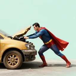 superman pushing a broken car, chromatic, amber, direct sunlight, dslr, banksy, pastel, dof
