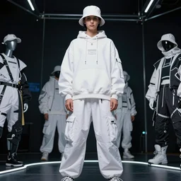 vogue fashion photography of model wearing streetwear fashion new age white clothing, inside berghain, futuristic fashion, photo 3 5 mm leica, hyperdetail, 8 k, very detailed