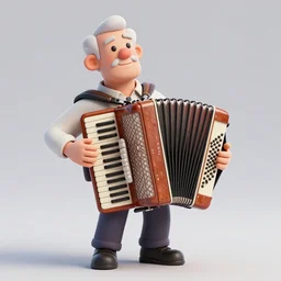an old man with an accordion replacing his neck, he's wearing a cylinder, a very hunched back, 4K 3D render, stylized