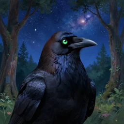 raven bird with short brown hair and green eyes, beautiful trees and night sky with stars and galaxies, trending on artstation, by ilya kuvshinov, thomas kinkade, artgerm