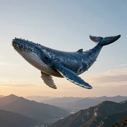 a huge blue whale is flying high in the sky above the mountains, epic, surreal, cinematic shot, golden hour, artstation, deviantart, dreamy atmosphere, high definition