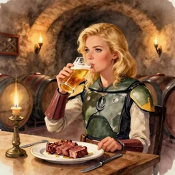 blonde hot woman in wine cellar, boba fett, drinking beer, eating meat, cozy, inviting, atmospheric, torches on the wall, watercolor by vladimir volegov
