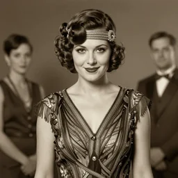 a portrait photo of a 1 9 2 0 s confident young woman with a slight smile in a flapper dress, atmospheric lighting, painted, sepia, intricate, ultra detailed by leesha hannigan, thierry doizon, kai carpenter, well composed, best on artstation, cgsociety, epic, stunning, gorgeous, intricate detail, wow, masterpiece
