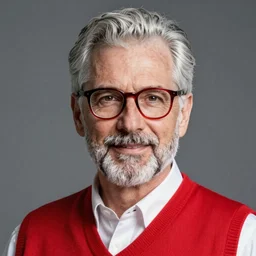 photo of a 5 0 - year old white man, silver hair, neat beard, wearing a red gilet, thick - rimmed glasses, red rim, professional corporate portrait, studio lighting, sharp focus