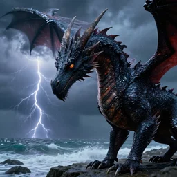 falcor close - up, the long bodied luck dragon, looking for atreyu, looking down at the shoreline in a epic thunderstorm. the neverending story. cinematic still matte eighties hdri upscale rutkowski cinema still
