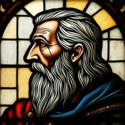 side - view portrait of geralt of rivia, 1 0 th century stained glass window, very masterful