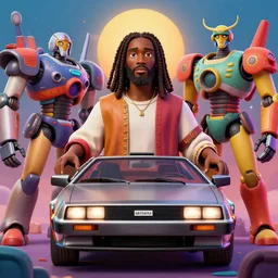 stylish & colourful 3 d vfx - portrait - movie poster - art of an african jesus christ in a delorean surrounded by mecha robots, art style by james jean & hsiao - ron cheng, unreal engine render, digital illustration, sharp, intricate detail, volumetric lighting, ray tracing, soft light, claymation style, drew struzan style, symmetry, ernie barnes style,
