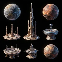 list of 3 d concepts, various ancient stations, cosmic weapons, colossal space constructions and engineered asteroids on a black solid background