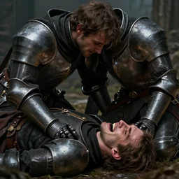 very very very closeup a knight kneeling over his dead dead dead friend lying before him and crying crying crying, by Greg Rutkowski Thomas Kincade, detailed, 4k, cinematic, intense, gritty, fantasy, two characters, tragedy,
