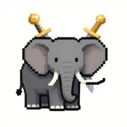 a pixelated 1 bit elephant, behind the elephant is a golden sword.