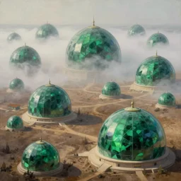 hyper detailed painting of giant green emerald domes, sprawling across majestic parched plains in a thick fog, by francisco goya and rembrandt, unsettling, mysterious, by stephan martiniere and alexander fedosav, hyperrealism, 8 k resolution, behance hd, artstation, nightcafe