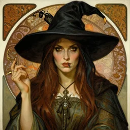 art nouveau portrait of a sarcastic witty sly anjelica huston as a medieval pagan witch, atmospheric lighting, painted, intricate, volumetric lighting, masterpiece, sharp focus, ultra detailed, by travis charest, moebius and mucha