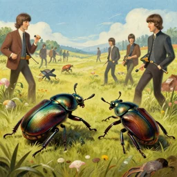 highly detailed illustration of a beetle and the beatles battling on the battleground