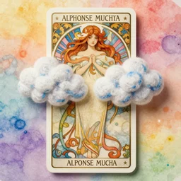 a watercolor art of girl in shape of wool felting clouds illustration by alphonse mucha solarpunk style, book cover, colorful background, 4 k resolution, hugh detailed, matte painting, tarot card style, character design