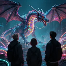 dragon, neon, they are watching, RGB, glowing wires everywhere, pristine, by Edgar Maxence and Ross Tran, Zdzisław Beksiński, and Michael Whelan, distant, gustav dore, H.R. Giger, 8k, octane render