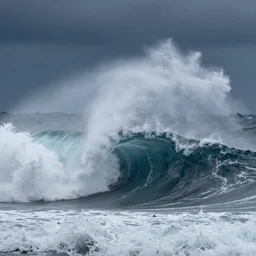 massive 2 0 0 m high wave in the sea, storm, dramatic lighting